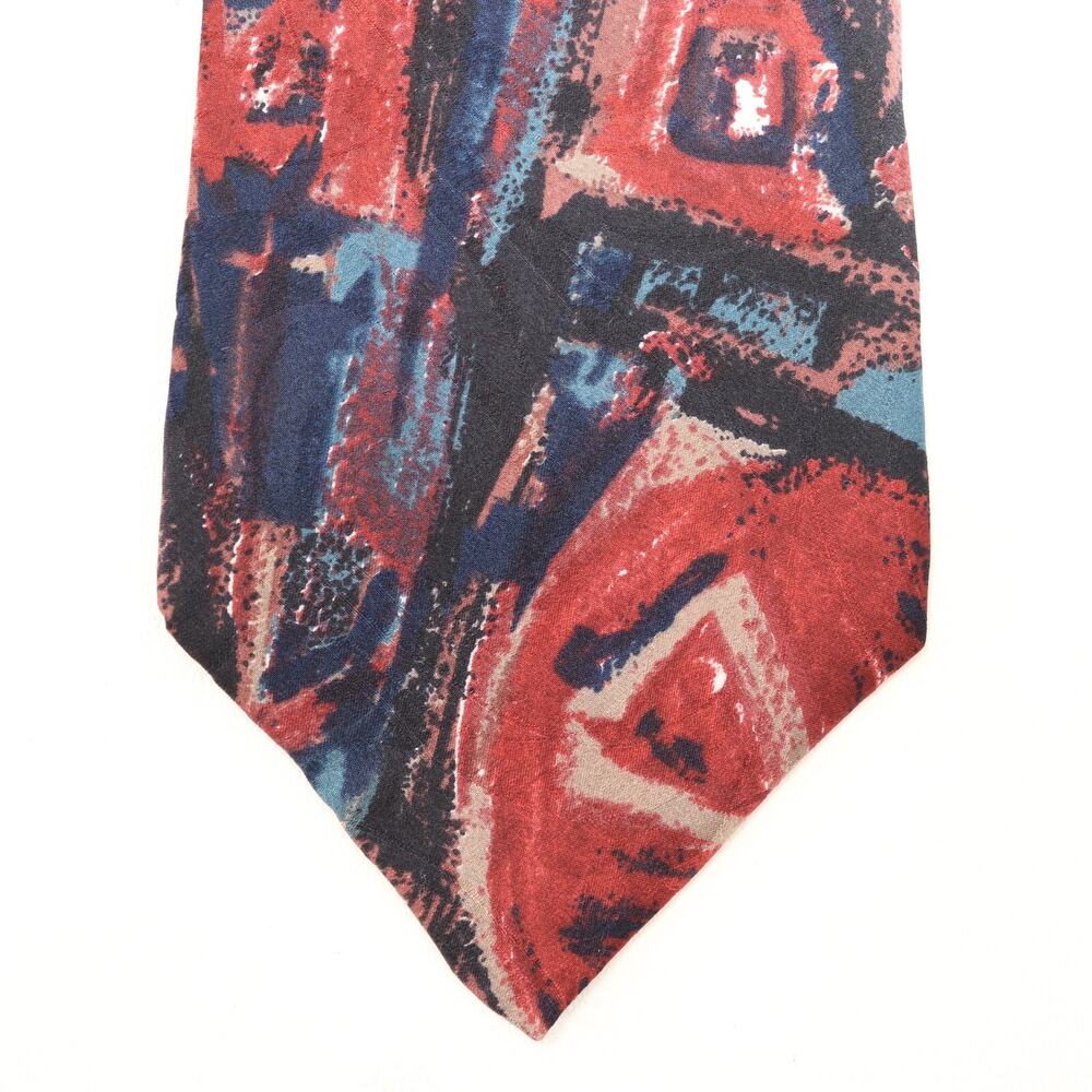 Vtg Halston Tie Mens 57 in Silk Red Black Blue Abstract Wide